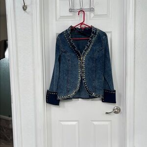The Pyramid Collection Dark Blue Studded Ruffle Denim Jacket